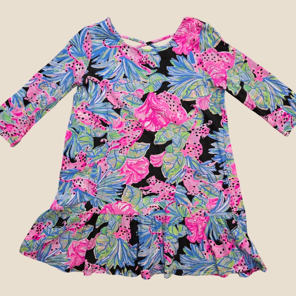 Lilly Pulitzer Girls Pink Leopard Tropical Floral Ruffle Dress Size L 8-10